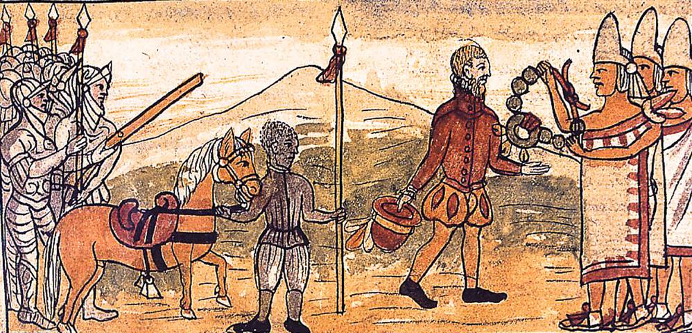 Moctezuma II and Hernán Cortés face to face