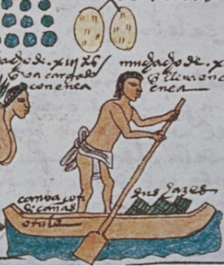 Aztec transport canoes to move the goods