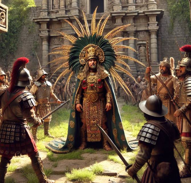 Moctezuma II being captured by the Spanish conquistadors